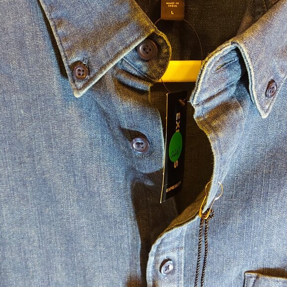 Express Dark Blue NWT Men’s L Denim Button Collared Shirt - Picture 6 of 16